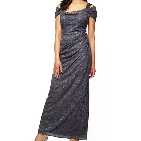 Alex Evenings Hannah Glitter Mesh Dress W/Draped Skirt & Cowl Neckline-Smoke-12P - Picture 1 of 16